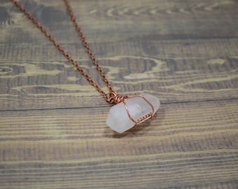 Raw Quartz Point Necklace, Double Terminated Raw Quartz Point Necklace, Chakra Healing Quartz Necklace, Copper Wrapped Quartz Necklace