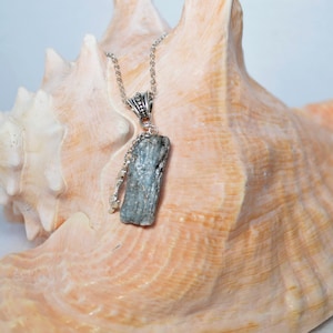 Blue Kyanite Necklace, Raw Blue-Green Kyanite with Mermaid Charm Necklace, Raw Kyanite Crystal Necklace, Throat/Heart Chakra Necklace
