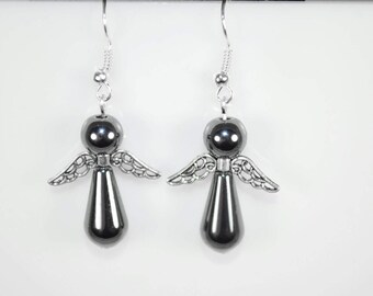 Hematite Earrings, Hematite Angel Earrings, Guardian Angel Earrings,  Chakra Healing Hematite Earrings