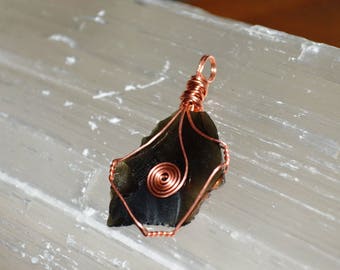 Raw Obsidian Pendant, Copper Wire Wrapped Raw Obsidian Pendant,  Raw Obsidian Grounding Pendant