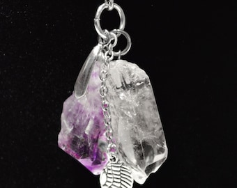 Raw Amethyst & Quartz Guardian Angel Necklace, Raw Amethyst - Raw Quartz Large Angel Wing Necklace,  February Birthstone