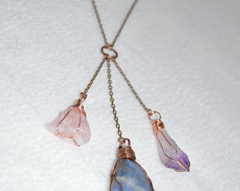 Labradorite Copper Necklace with Amethyst and Rose Quartz, Tripple Stone Necklace, Labradorite with Amethyst and Rose Quartz
