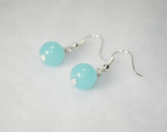 Blue Jade Earrings, Blue Stone Earrings, Blue Jade Bead Earrings,  Under 15 Dollars, Gift For Her