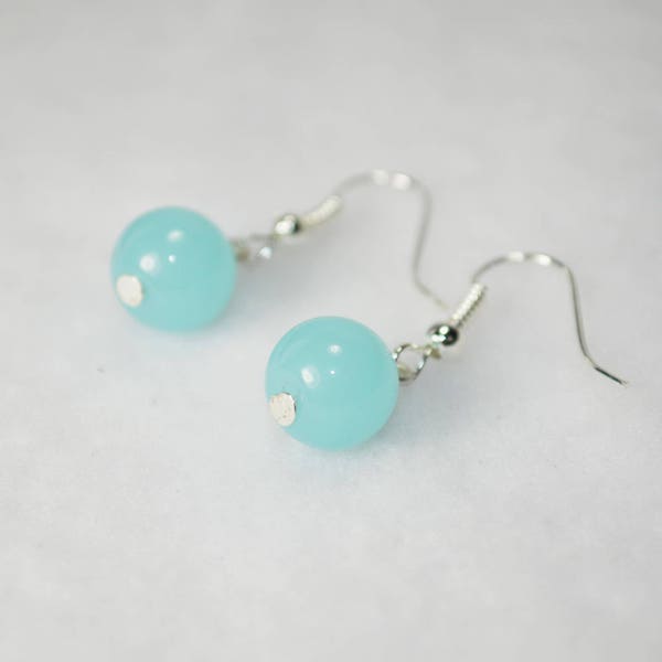 Blue Jade Earrings, Blue Stone Earrings, Blue Jade Bead Earrings,  Under 15 Dollars, Gift For Her