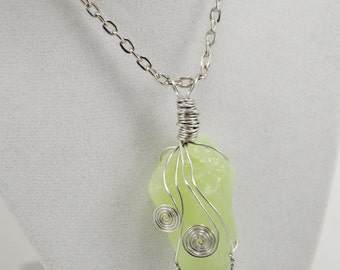 Raw Green Calcite Necklace, Raw Green Calcite Wire Wrapped Necklace, Healing Green Calcite Necklace,  Healing Crystals