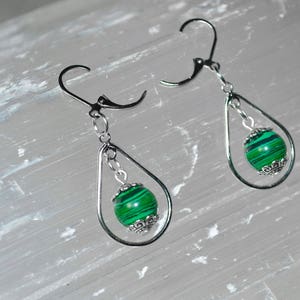 Malachite Drop Earrings: Silver Heart Chakra Healing Jewelry