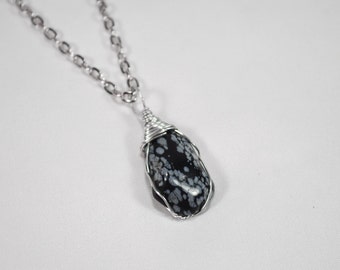 Snowflake Obsidian Necklace, Wire Wrapped Healing Snowflake Obsidian Necklace,  Chakra Healing Necklace