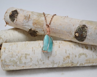 Amazonite Necklace, Copper Wrapped Amazonite Necklace, Heart Chakra Healing Necklace, Tumbled Amazonite Crystal Necklace