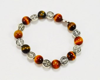 Tiger Eye St. Benedict Bracelet, Spiritual St. Benedict Bracelet,  Tiger Eye Bracelet, St. Benedict Protection Bracelet