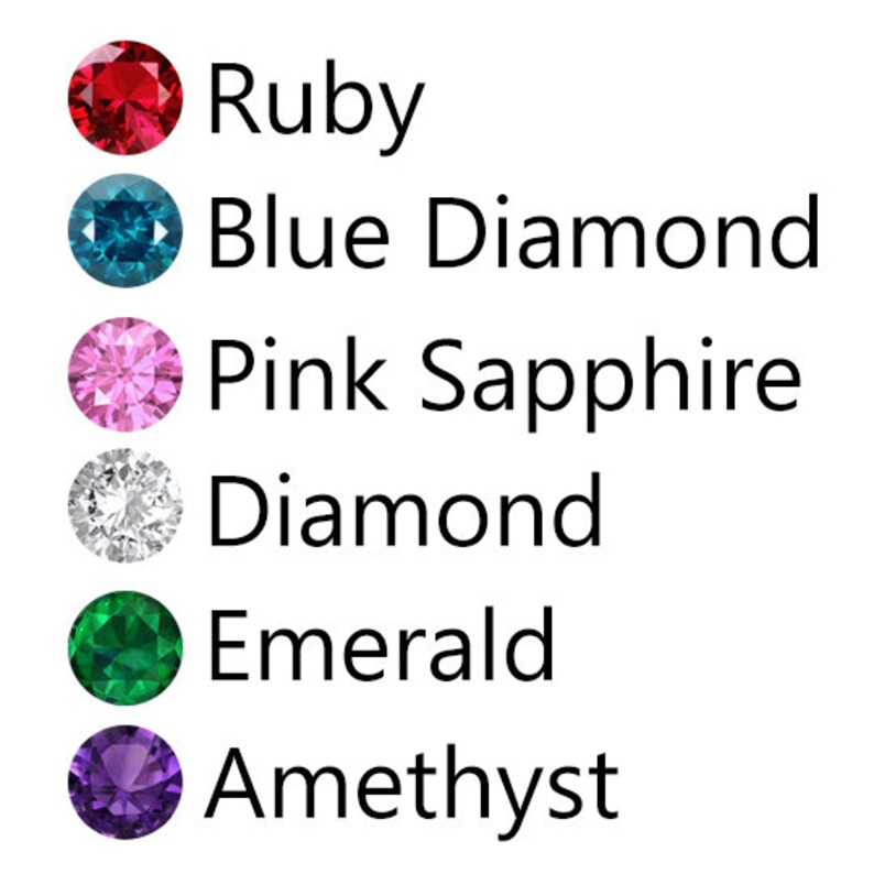 May include: A chart showing six different gemstones with their names: ruby, blue diamond, pink sapphire, diamond, emerald, and amethyst.