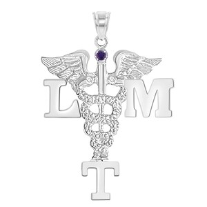 K&ouml;nnte beinhalten: Silberner Anh&auml;nger mit einem medizinischen Caduceus-Symbol, einem violetten Edelstein und den Buchstaben LMT.