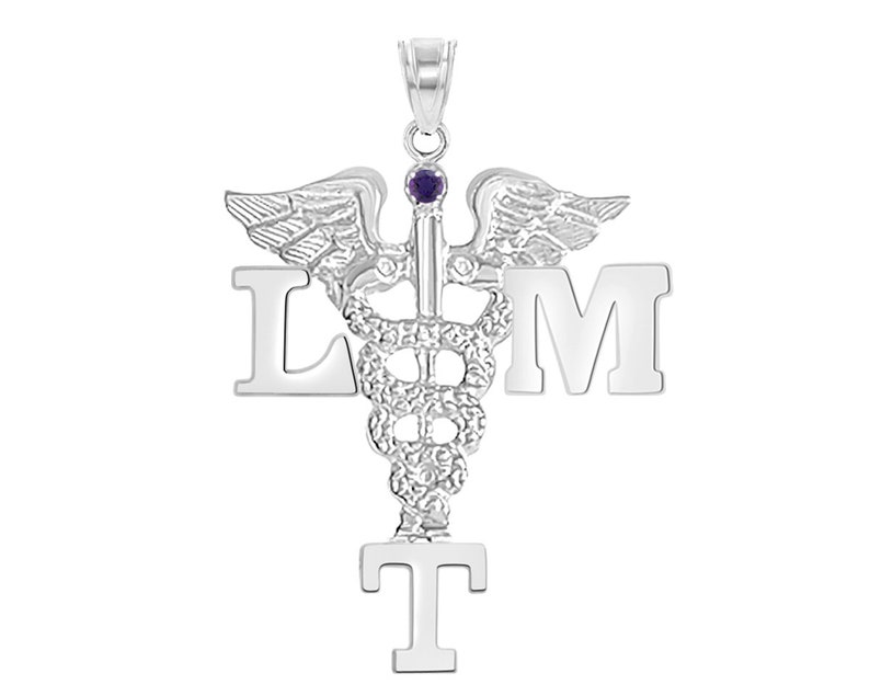 K&ouml;nnte beinhalten: Silberner Anh&auml;nger mit einem medizinischen Caduceus-Symbol, einem violetten Edelstein und den Buchstaben LMT.