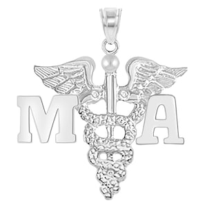 May include: Silver medical pendant necklace with a caduceus symbol and the letters "MA" on either side.
