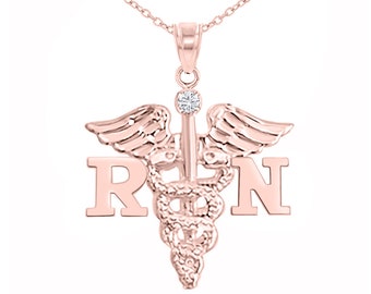 RN Nurse Diamond Necklace 14K Rose Gold