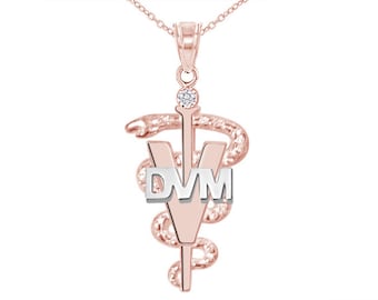 DVM Veterinarian Necklace in 14K Rose & White Gold with Diamond