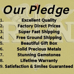 May include: A yellow background with a black and white image of a caduceus, a symbol associated with medicine. The text "Our Pledge" is at the top of the image. A numbered list of nine promises is below the text. The promises include: Excellent Quality, Factory Direct Prices, Super Fast Shipping, Free Ground Shipping, Beautiful Gift Box, Solid Precious Metals, Stunning Gemstones, Lifetime Warranty, and Satisfaction & Smiles Guaranteed.