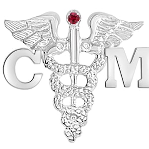 May include: Silver medical caduceus pin with a red gem, the letters 'CM' and a red gem.