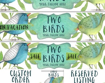 Premade Etsy shop banner set new size cover photo modern watercolor birds blue green teal