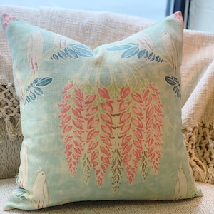 Acquitaine Blue Bird Pillow | Designer Fabric Pillow | Linen Pillow | 20x20 Pillow | 12x24 | Blue and Pink Pillow | Tropical Bird Pillow