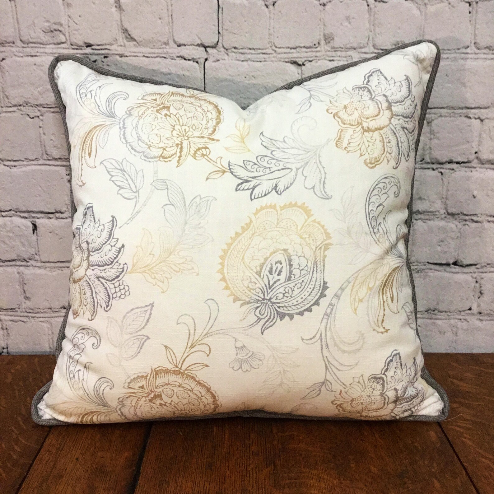 White Yellow and Gray Floral Pillow Cover W/ Zipper and Gray Cording