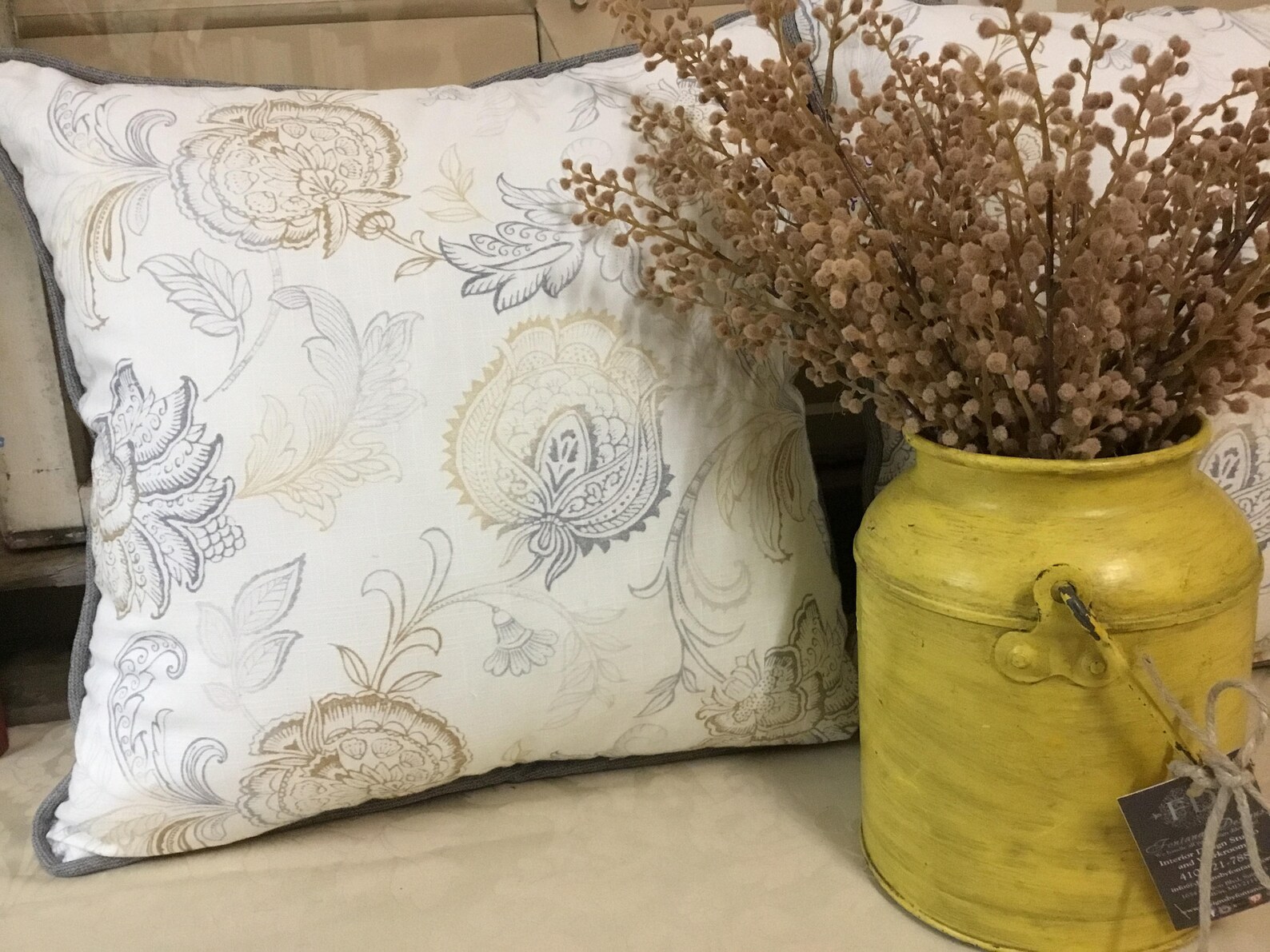 White Yellow and Gray Floral Pillow Cover W/ Zipper and Gray Cording