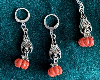Halloween Bat & Pumpkin Earrings, Stainless Steel Necklace Set