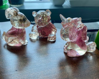 Resin animals with bougainvillea / Bunny statue resin/ Teddy Bear resin / Unicorn resin / Crystal bear
