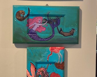 Mermaids in their elements / mermaid gift / mermaids and animals / mermaid and flamingo / mermaid and orca / mermaid and turtles
