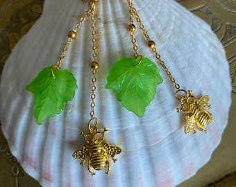 Bee & Leaf Chain Earrings, Gold Plated