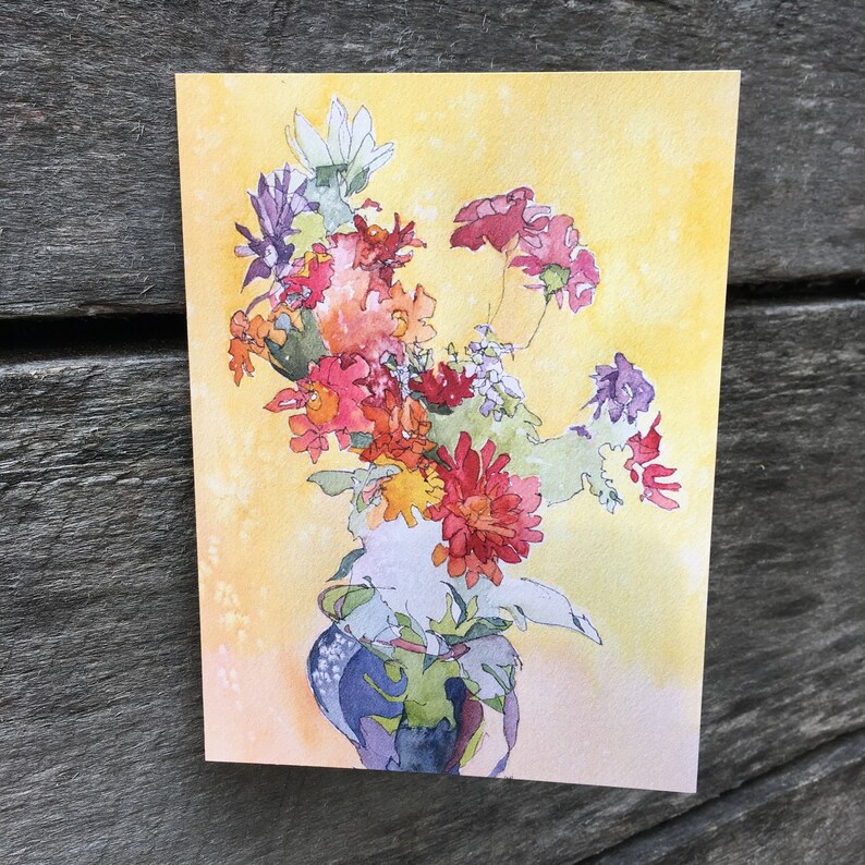 3 Greeting Cards Blind Contour Zinnia Blank Inside Printed Etsy