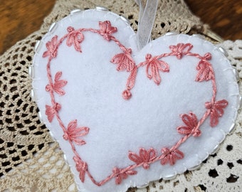 Handcrafted Coral Embroidery Felt Heart Ornament, Mother's Day Gift
