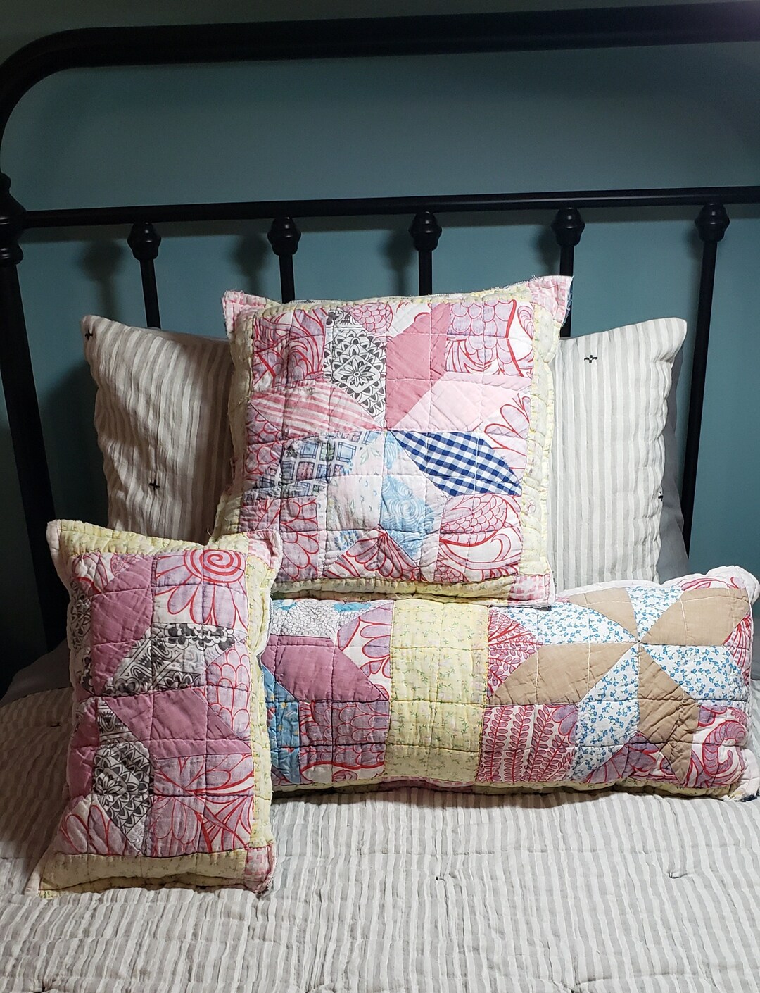 Antique Quilt Pillow Set, Yellow and Pink Fabric and Feed Sack Etsy