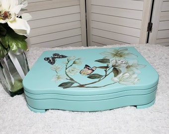 Hand Painted Aqua Repurposed Silverware Box, Magnolias, Butterflies