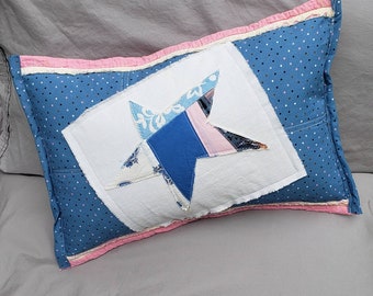 Quilted Star Blue and Pink Accent Pillow, Vintage Fabric and Feedsack