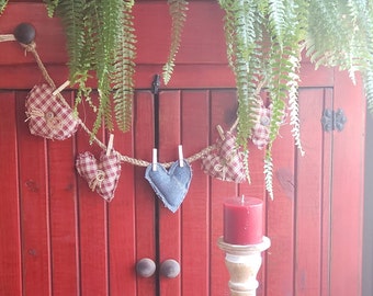 Heart Garland, Red Plaid Homespun and Denim, Bowl Ornaments
