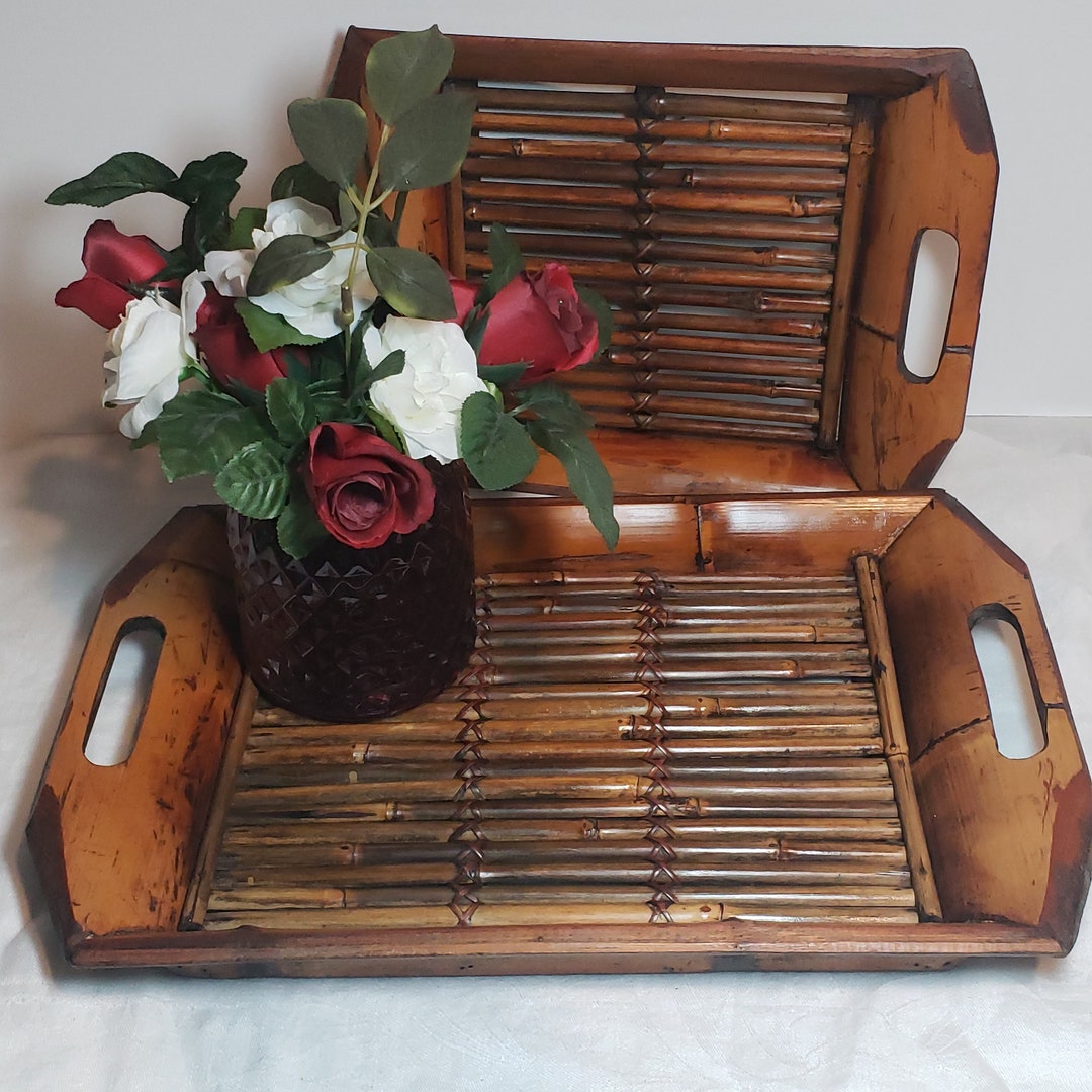 Bamboo Rattan Serving Trays Set of 2 Vintage Etsy