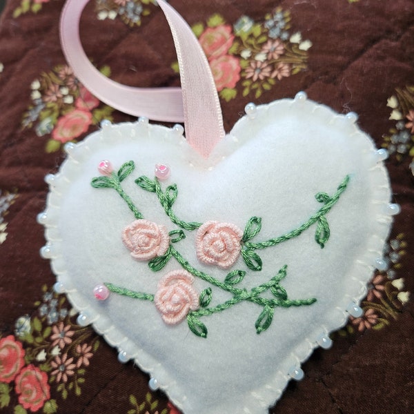 Handcrafted Embroidery Felt Heart Ornament, Mothers Day Gift