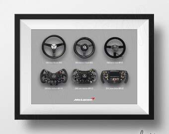 McLaren à travers les âges : volants - dessin numérique - roues de voiture de course F1 - 8 x 10 - Estampe - Formula1 équipe Mc Laren