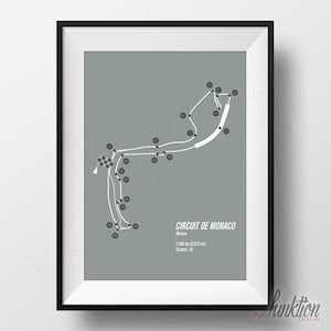 Puede incluir: Una ilustración en blanco y negro del circuito de carreras de Mónaco, un circuito urbano en Mónaco. La pista se muestra con curvas numeradas y una línea de salida/meta a cuadros. El texto "CIRCUIT DE MONACO" está en la parte inferior de la imagen, junto con la longitud de la pista en kilómetros y millas, y el número de curvas.