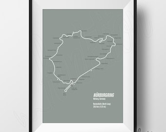 Carte de piste Circuit Nurburgring Full Print - téléchargement numérique - F1 - 8 x 10 - Circuit de Nurburgring Nordschleife (boucle Nord) en Allemagne