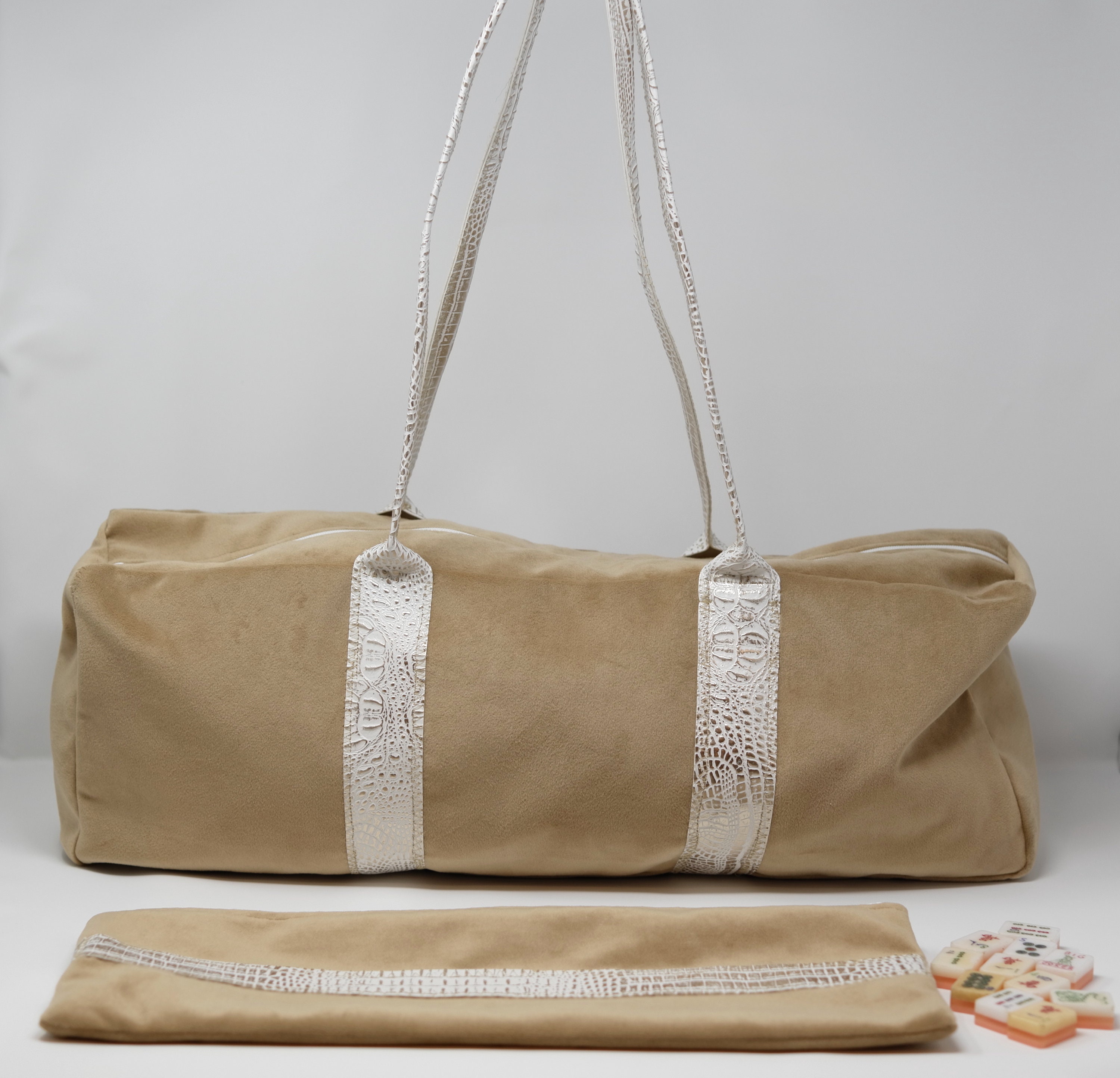 Mahjong Travel Bag & Tile Pouch - Caramel with White/Gold Skin