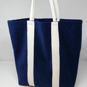 Navy Blue Washable Velvet Tote with White Woven Trim