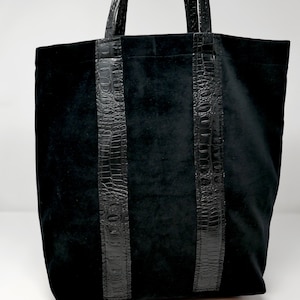 Black Washable Velvet Tote with Black Crocodile Trim