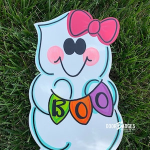 Halloween Ghost with Boo Banner Door Hanger - Colorful Halloween door Decor - welcome wreath - Fall hand painted personalized door hanger