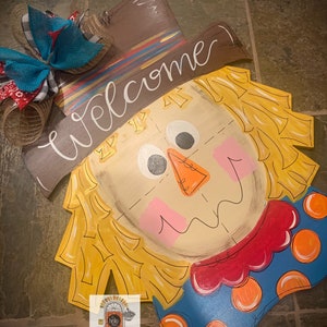 Fall door hanger, Autumn Scarecrow Harvest wood cut out hand painted door hanger
