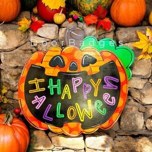 Happy Halloween Happy Pumpkin Door Hanger-  Pumpkin Door Decor-Spooky-Fall-Wreath-wood cut out-hand painted door hanger