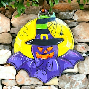 Halloween Pumpkin Bat Door Hanger- Spooky-Fall - hand painted door hanger