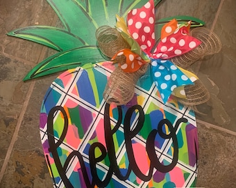 Pineapple Summer Door Hanger - Colorful Pineapple door Decor - welcome wreath - spring summer hand painted personalized door hanger