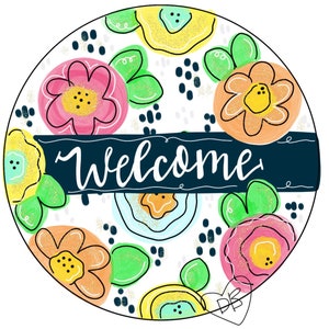 Flower Spring Round Door Hanger, Polka Dots, Welcome Circle, wood cut out hand painted door hanger