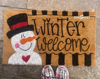 Snowman Winter Coir Door Mat - Handpainted Coir Mat - Door Mat - new home gift